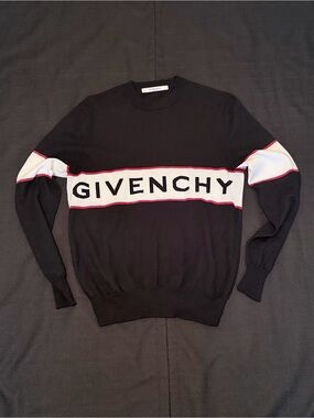 Givenchy Black Crewneck Sweater with White Logo Band and Red Trim